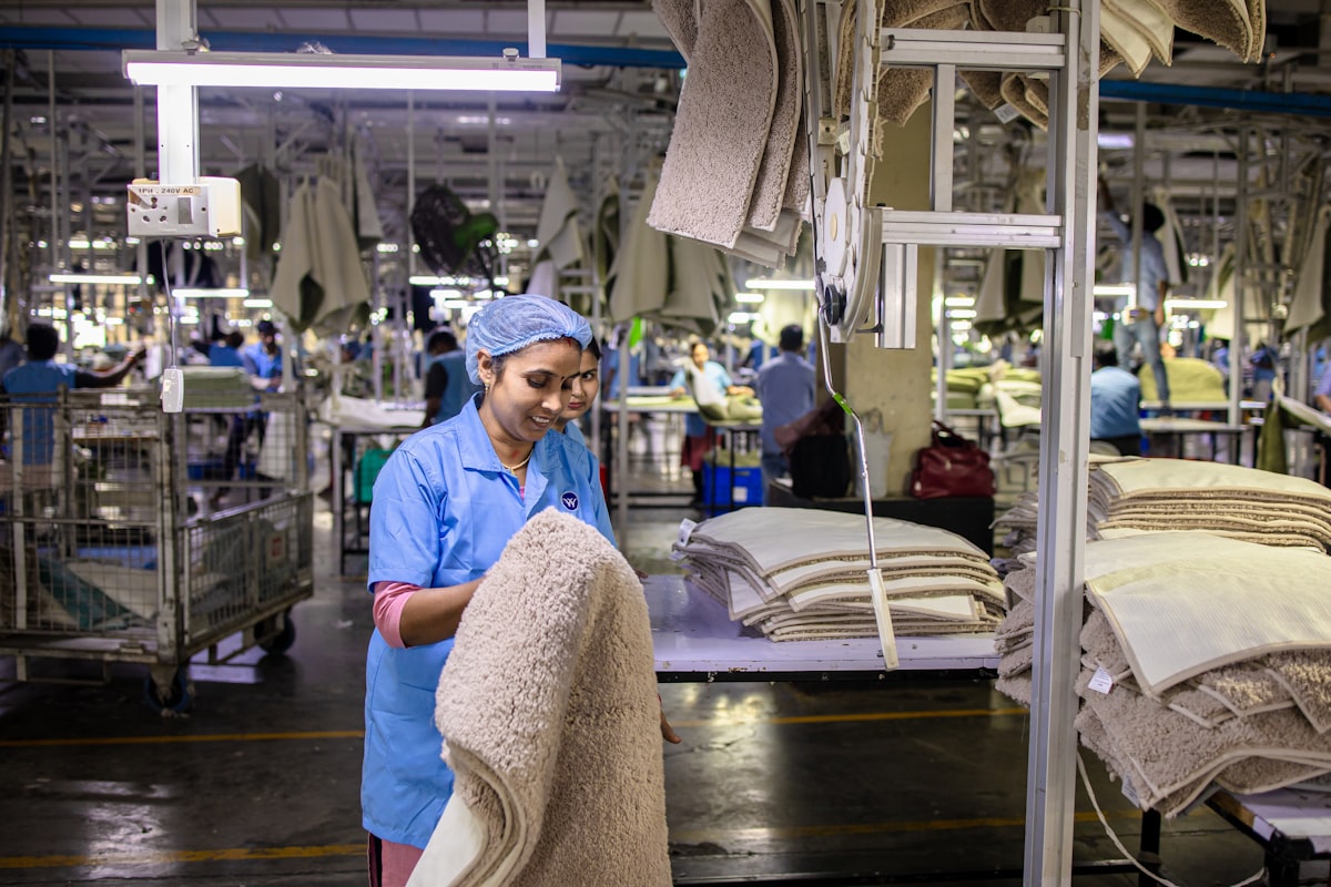 Workers are in a textile factory, manufacturing rugs. related to Navigating the World Market: Bed Bath & Beyond's Journey in Global Retail